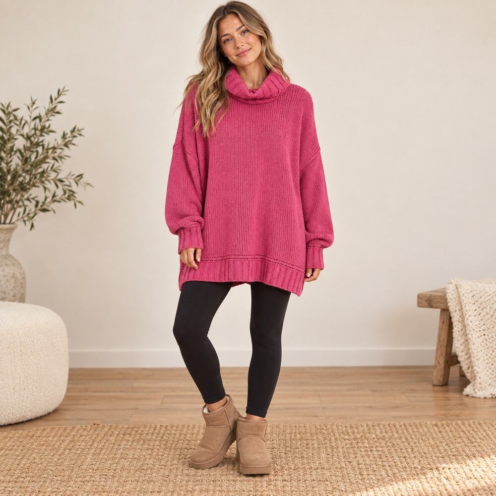 Aerie Chenille Oversized Turtleneck Hot Pink Long Chunky Sweater Women’s Large